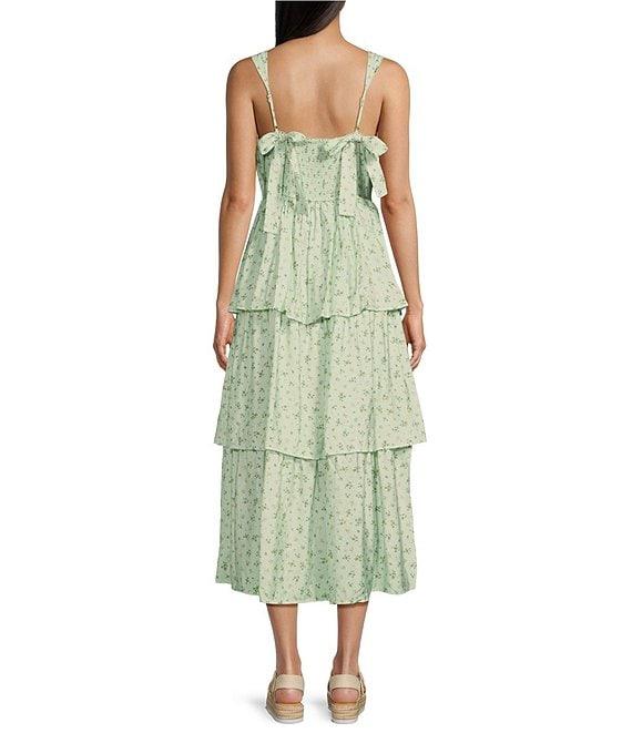 Blu Pepper Floral Print Sweetheart Neck Tiered Tie Bow Back Midi Dress Product Image