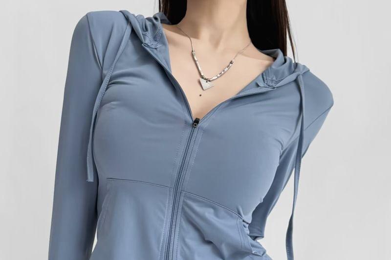 Plain Drawstring Hooded Zip Jacket Product Image