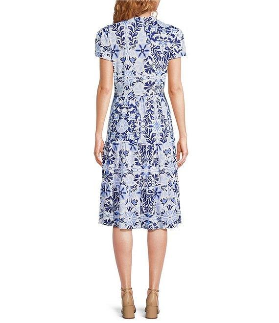 Jude Connally French Tile Print Jude Cloth Stretch Knit V-Neck Short Puff Sleeve A-Line Tiered Dress Product Image
