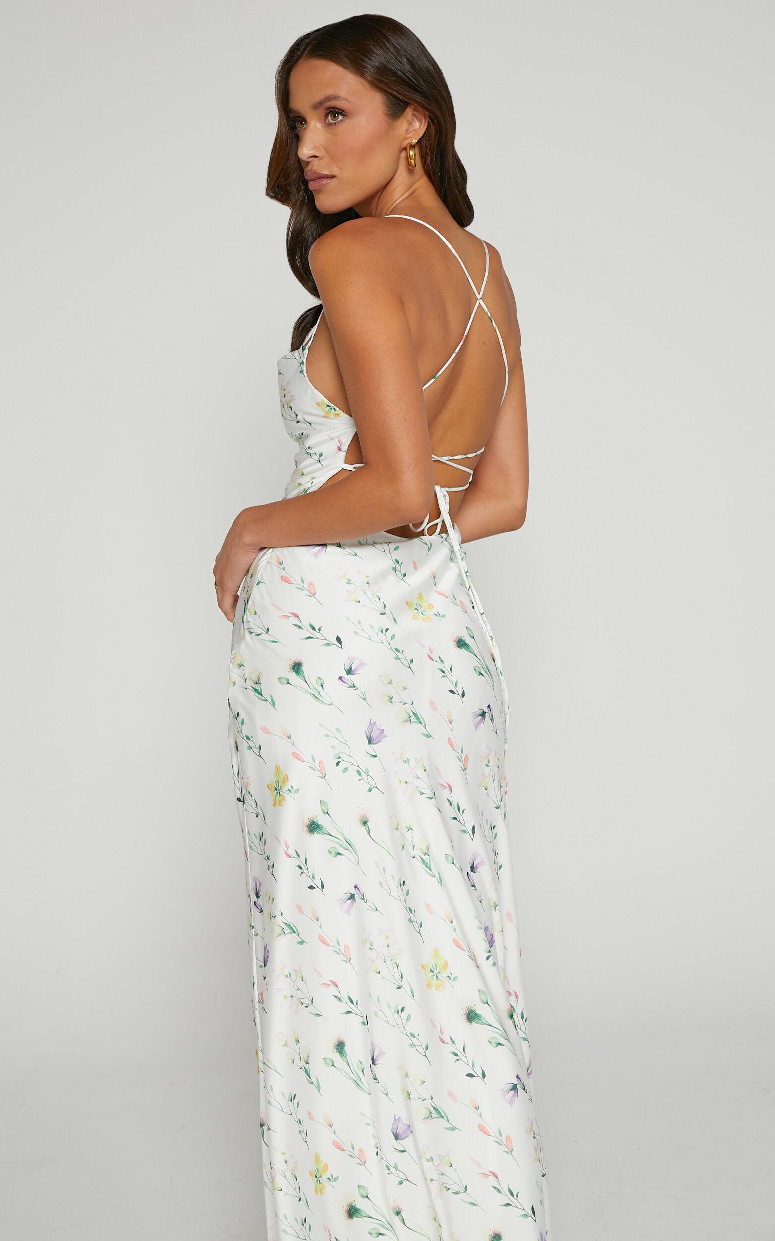 Shierina Midi Linen Blend Dress - Sweetheart Neck Line Sleeveless Dress in White Floral Product Image