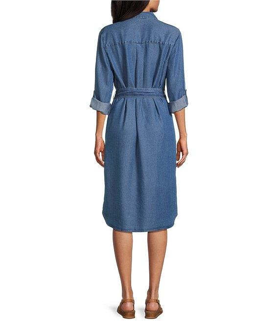 Allison Daley Petite Light Indigo Wash Long Roll-Tab Sleeve Point Collar Neck Lyocell Denim Midi Shirt Dress Product Image