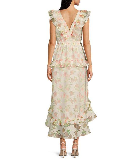 Layered With Love Isabella Burnout Floral Jacquard V-Neck Sleeveless Ruffle Hi-Low Hem A-Line Midi Dress Product Image