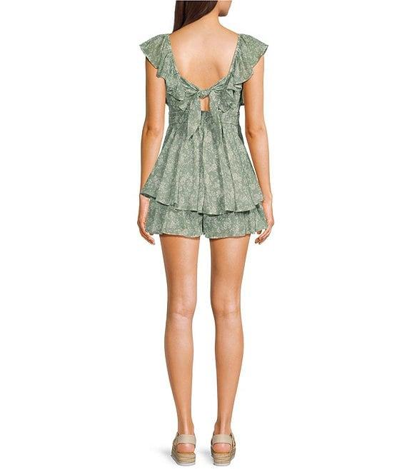 Allison & Kelly Floral Print Flutter Short Sleeve V-Neck Tiered Romper Product Image