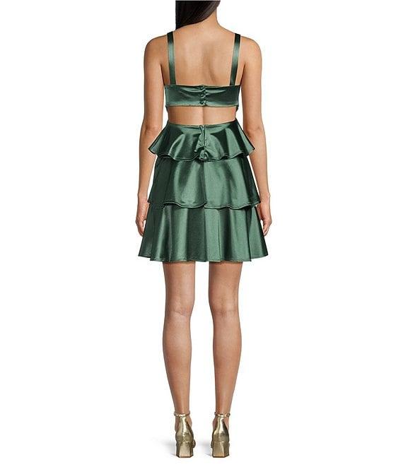 Honey and Rosie Sateen Square Neck Pleated Bodice Back Cut-Out Tiered Dress Product Image