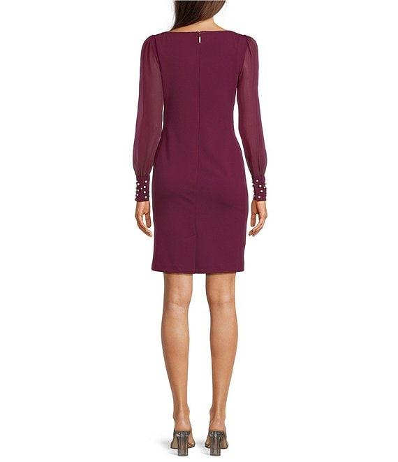 KARL LAGERFELD PARIS Scuba Crepe Crew Neck Chiffon Long Sleeve Pearl Cuff Sheath Mini Dress Product Image
