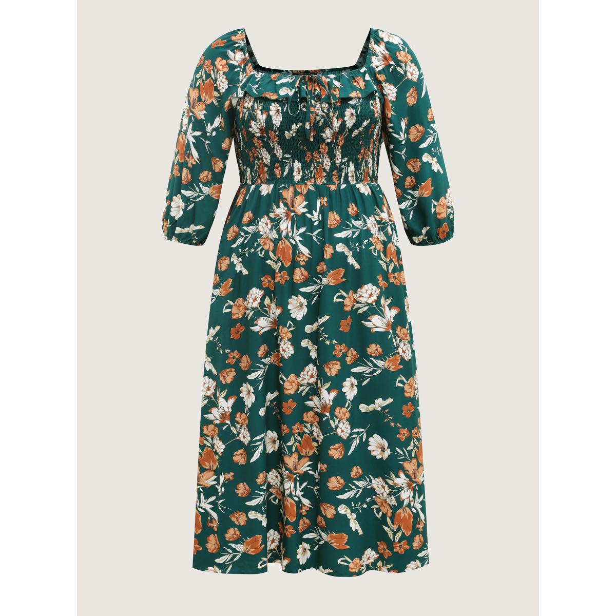 Plus Size Rayon Floral Shirred Stretchy Waist Midi Dress Cyan Women Romantic Square Neck Elbow-length sleeve Curvy BloomChic 28/5X Product Image