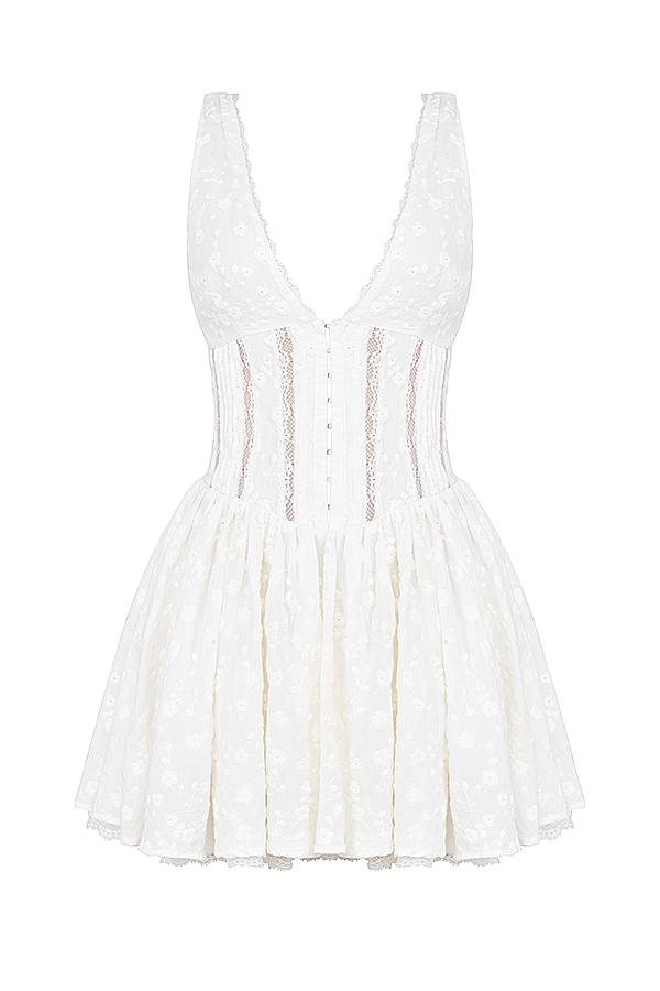 Sarita  white cotton broderie anglais plunge mini dress Product Image