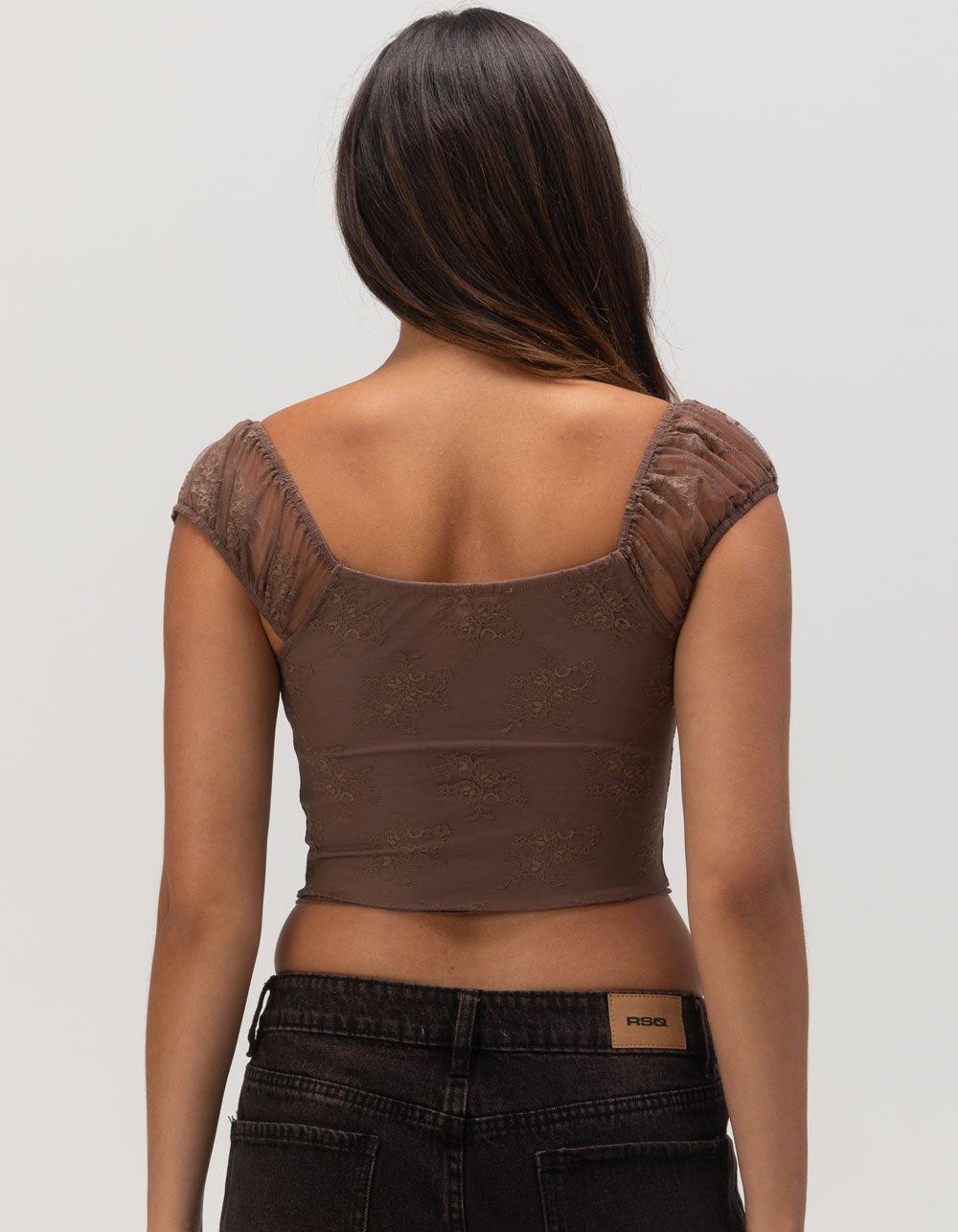 FULL TILT Rouched Lace Womens Top - BROWN Product Image