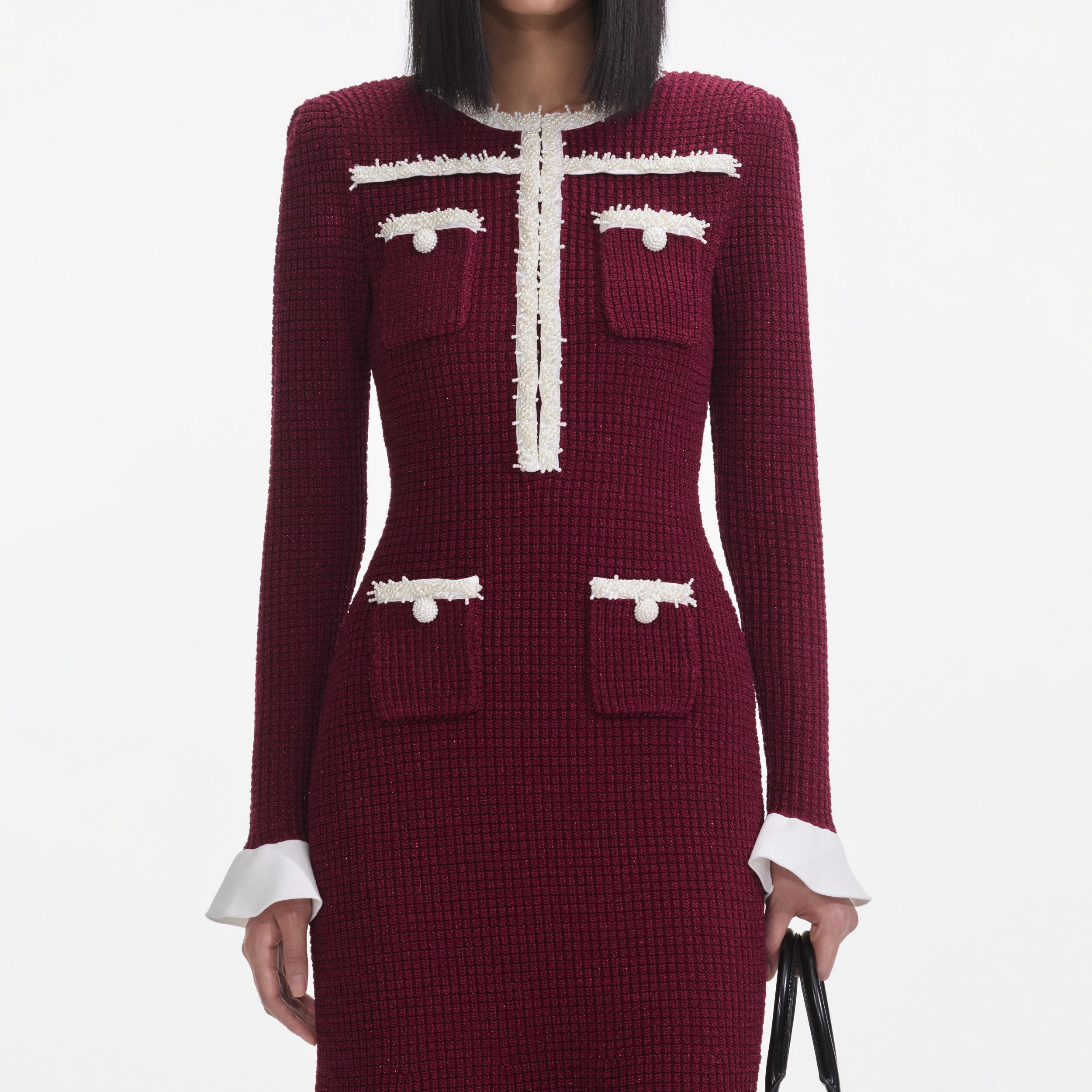 Burgundy Pearl Trim Knit Midi Dress Product Image