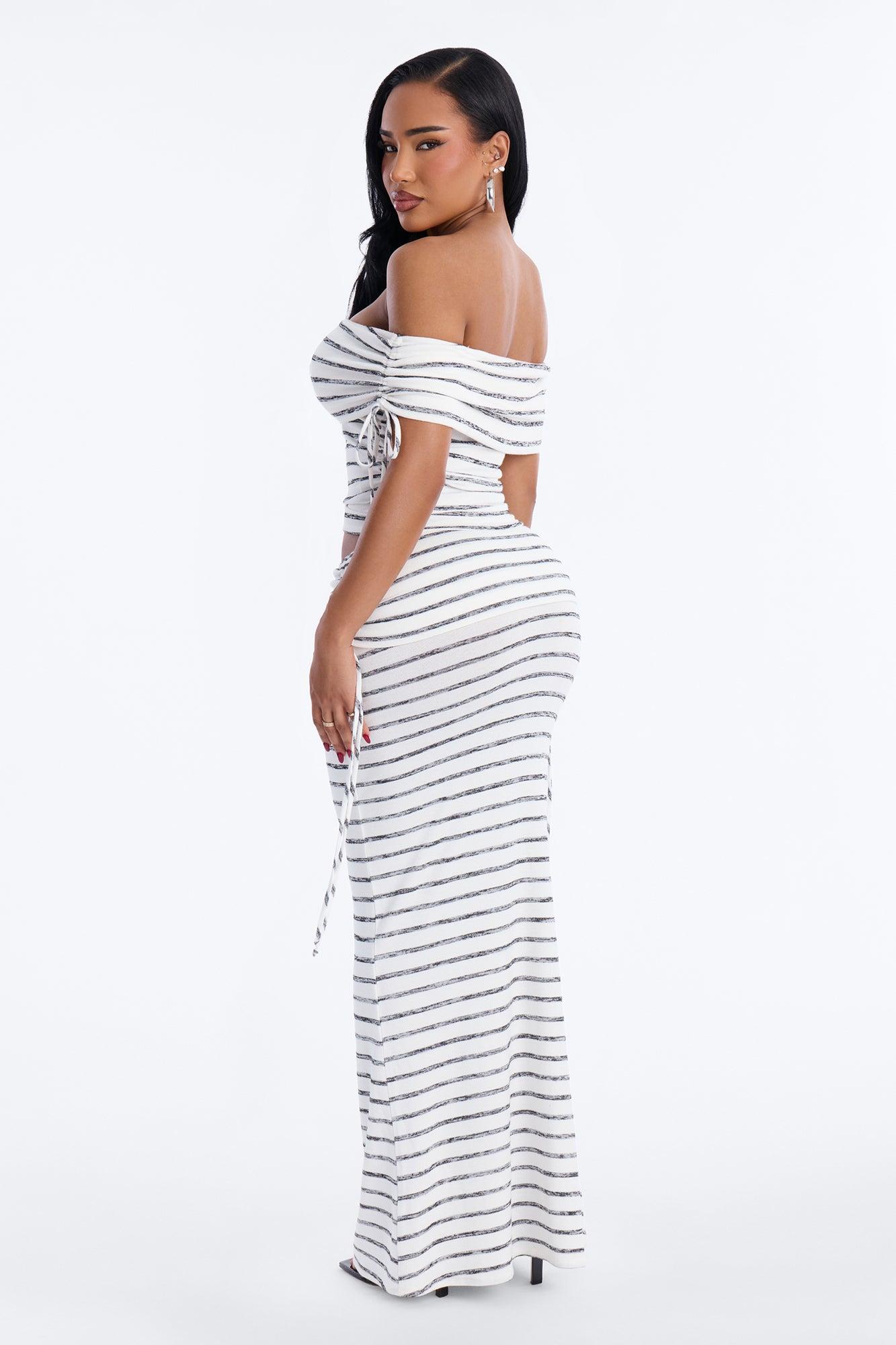 Coastal Cutie Striped Fold Over Maxi Skirt Set - White/Black Female Product Image