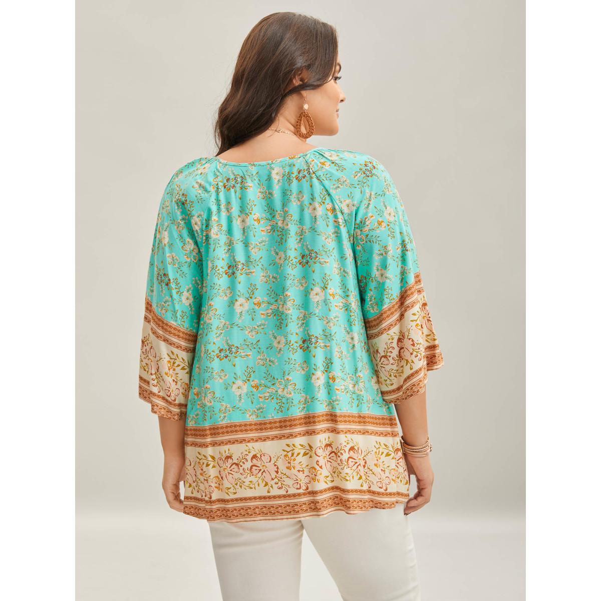 Plus Size Malachitegreen Boho Print Neck Ties Relaxed Fit Shirt Women Boho Elbow-length sleeve V-neck Vacation Blouses BloomChic 12/L Product Image