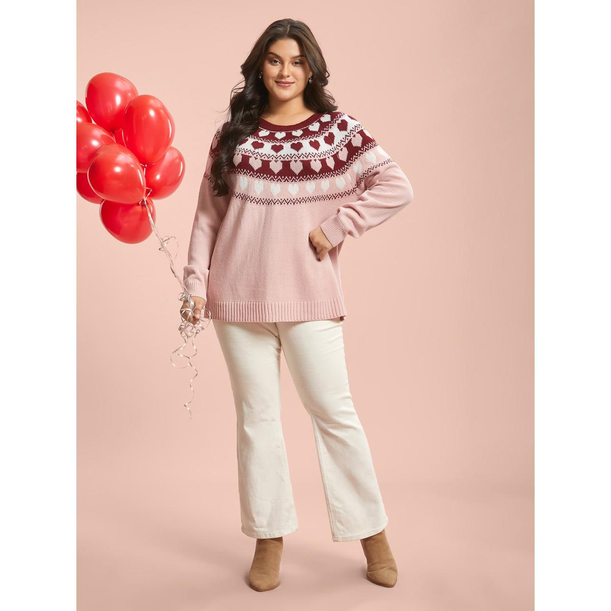 Plus Size Round Neck Heart Jacquard Ribbed Pullover Nudepink Women Leisure Loose Long Sleeve Round Neck Casual Pullovers BloomChic 30/6X Product Image
