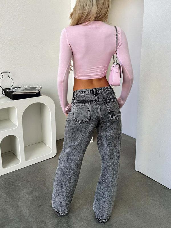 High Waisted Straight Leg Split-Joint Jean Pants Bottoms Product Image