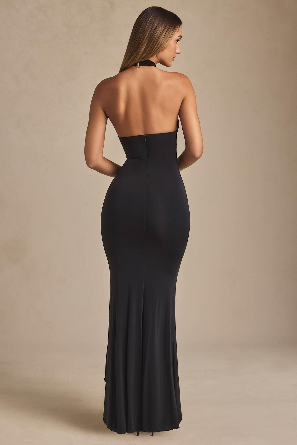 Ruffle-Trim Halterneck Gown in Black Product Image