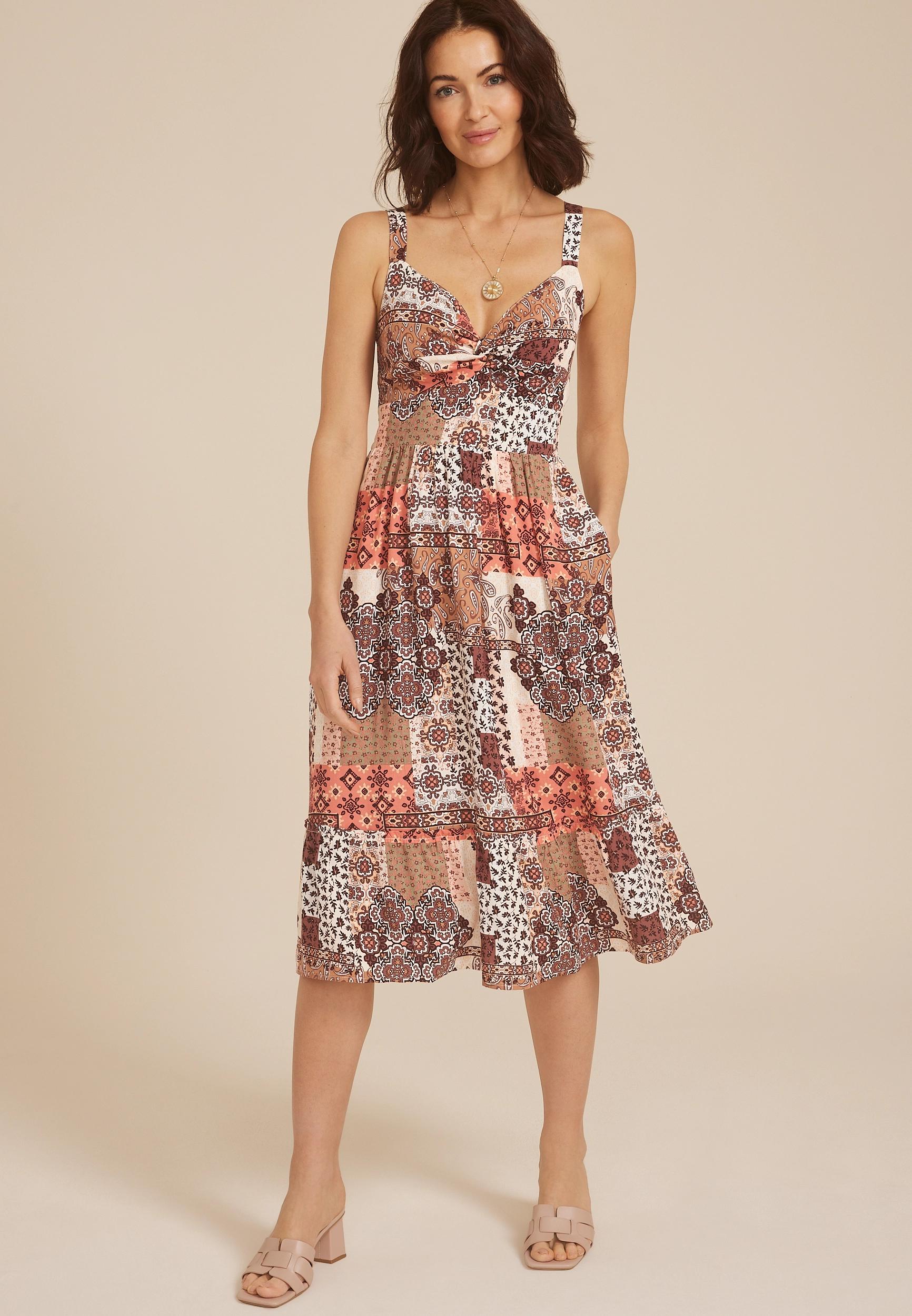 Bare Patchwork Front Knot V Neck Midi Dress Product Image