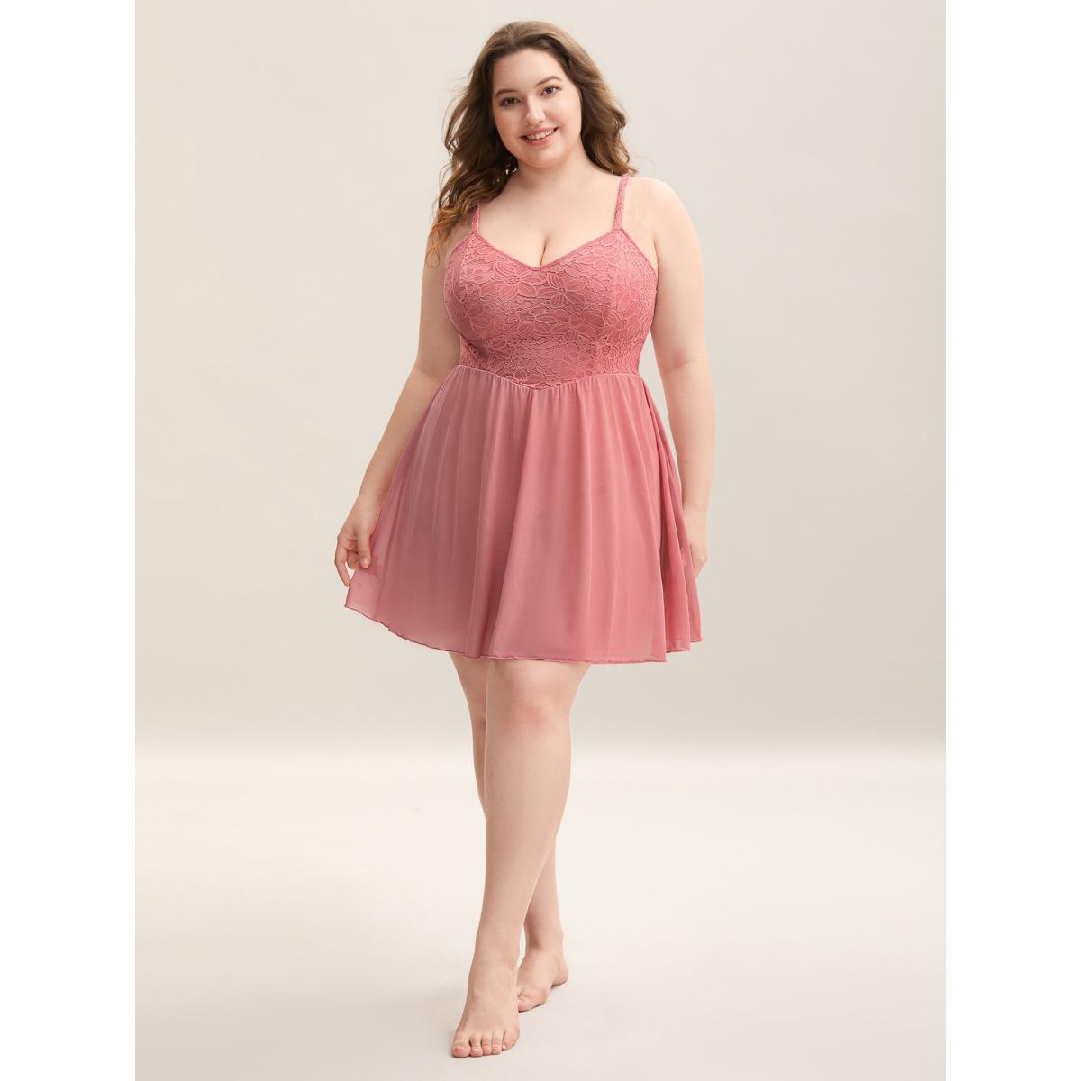 Plus Size Sweet Lace Adjustable Sheer Sleep Dress Women Salmon Lounge Texture Non Loungewear BloomChic 28/5X Product Image