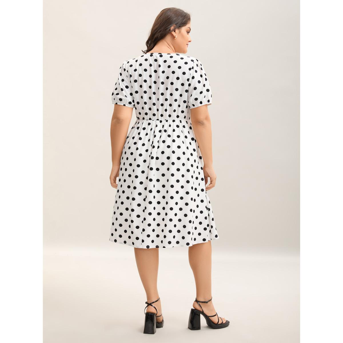 Plus Size Polka Dot Print Pockets Midi Dress Originalwhite Women V-neck Short sleeve Curvy BloomChic 14-16/1X Product Image