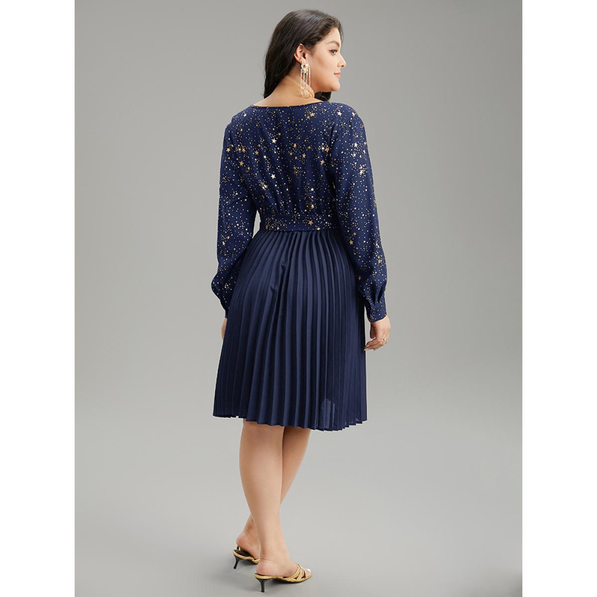 Plus Size Star Glitter Belted Pleated Wrap Dress DarkBlue Women Cocktail Belted V-neck Long Sleeve Curvy Midi Dress BloomChic 14-16/1X Product Image