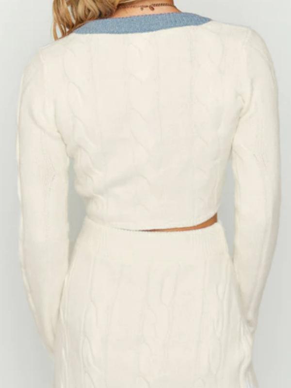 Contrast Color V Neck Knit & High Rise Mini Skirt Set Product Image