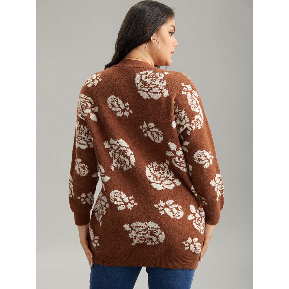 Plus Size Anti-Pilling Floral Print Drop Shoulder Cardigan Chocolate Women Casual Loose Long Sleeve Dailywear Cardigans BloomChic 14-16/1X Product Image