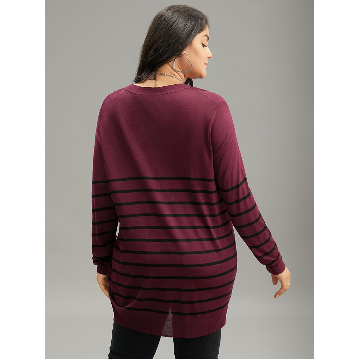 Plus Size Supersoft Essentials Striped Button Fly Tunic Cardigan Burgundy Women Casual Loose Long Sleeve Dailywear Cardigans BloomChic 22-24/3X Product Image