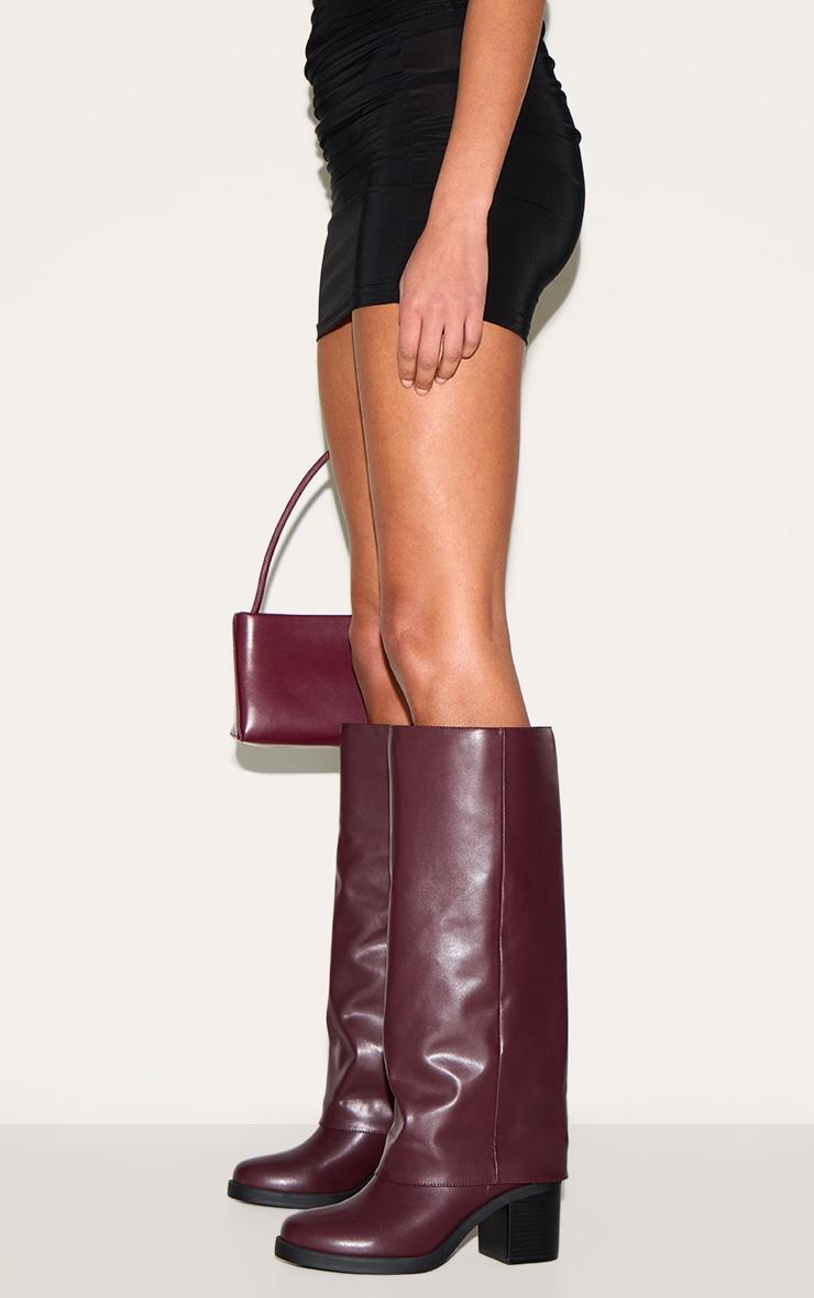 Burgundy PU Round Toe Fold Over Low Block Heeled Boots Product Image