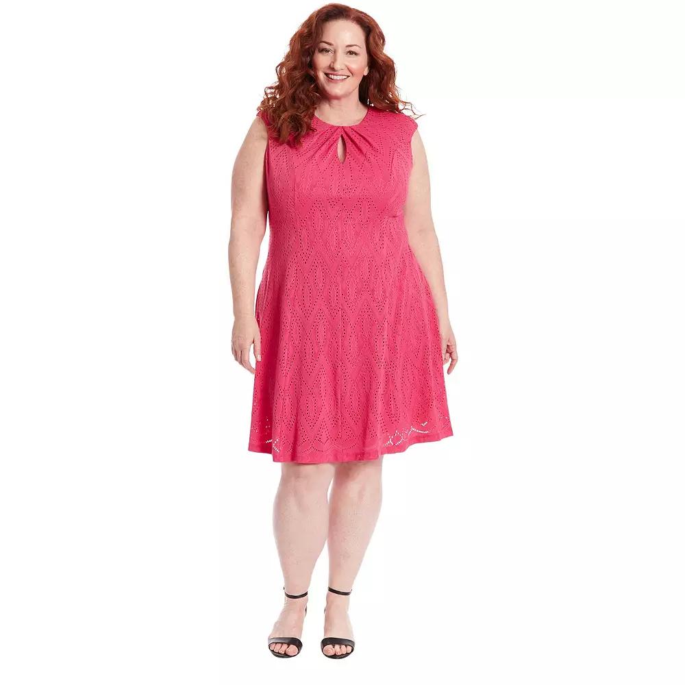 Plus Size London Times Embroidered Keyhole Neckline Fit And Flare Dress, Women's, Size: 2XL, Bright Pink Product Image