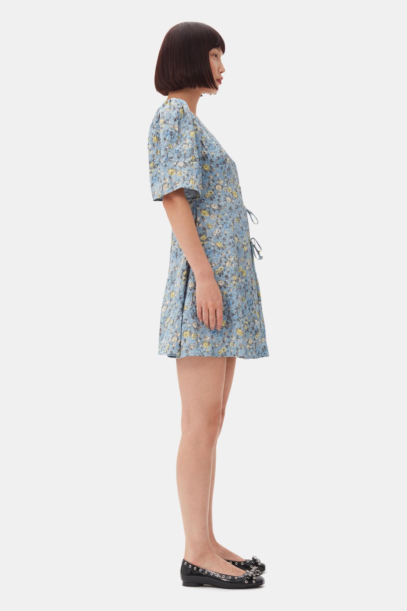 Blue Floral Printed Crinkled Satin Mini Wrap Dress Product Image
