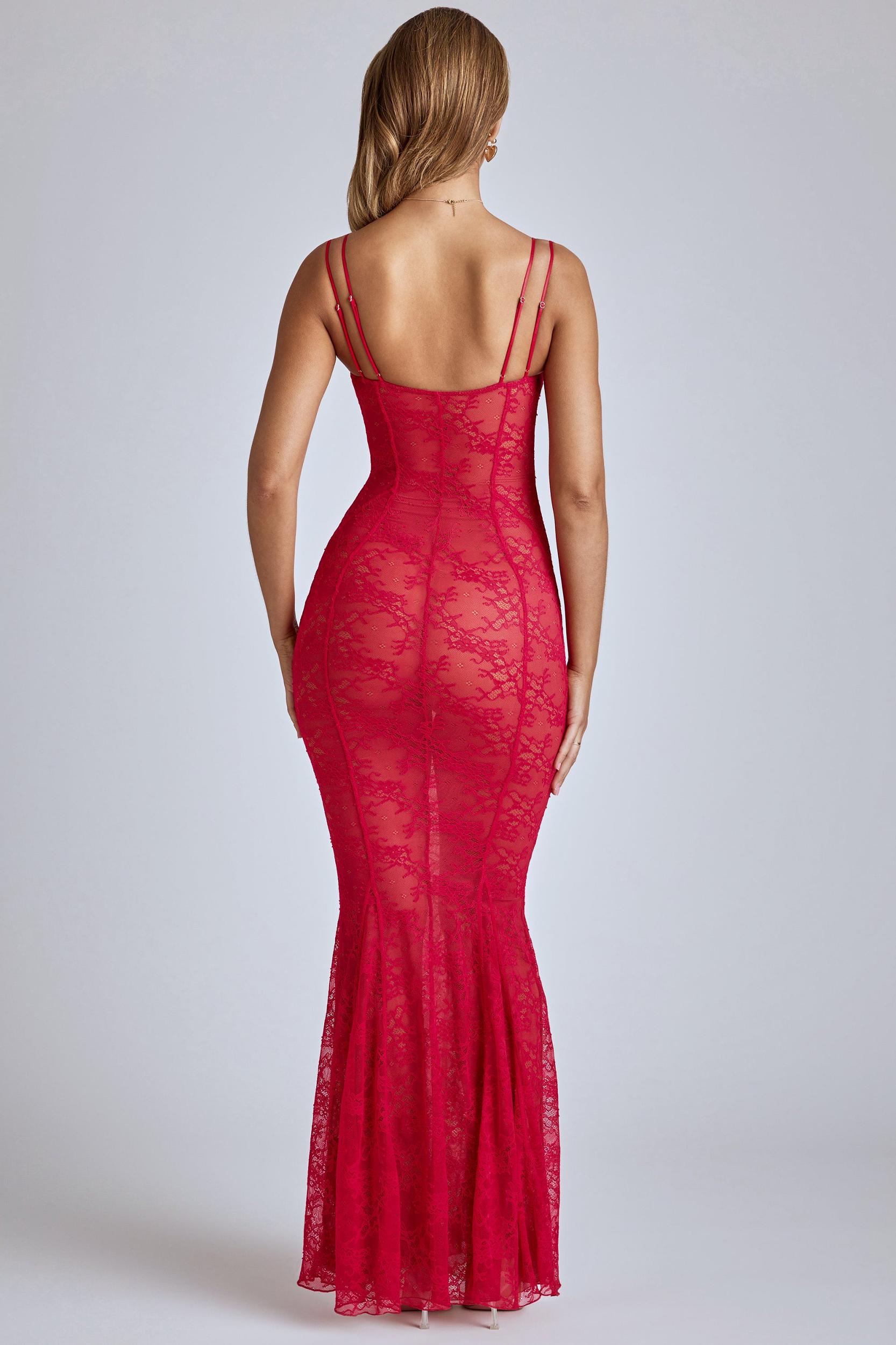Sheer Lace Fishtail Gown in Cherry Red Product Image