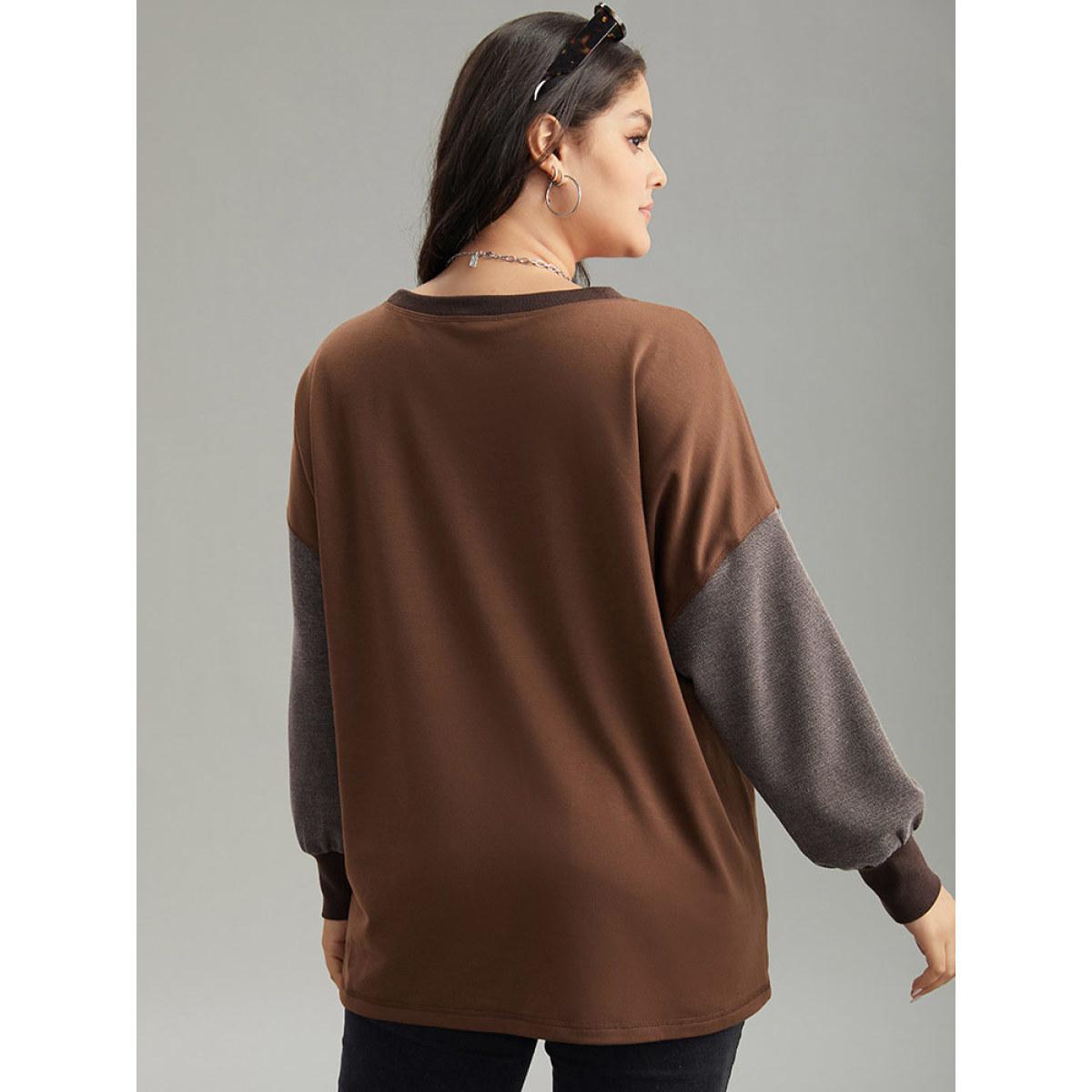 Plus Size Two Tone Patched Pocket Drop Shoulder Sweatshirt Women DarkBrown Casual Elastic cuffs Round Neck Everyday Sweatshirts BloomChic 26/4X Product Image