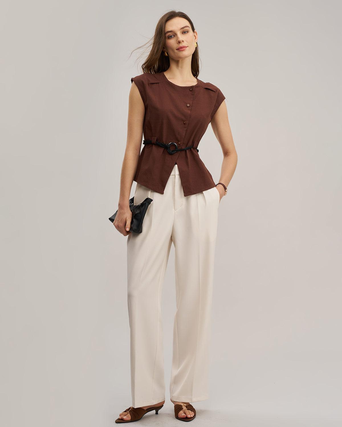 Coffee Round Neck Belted Blouse Product Image