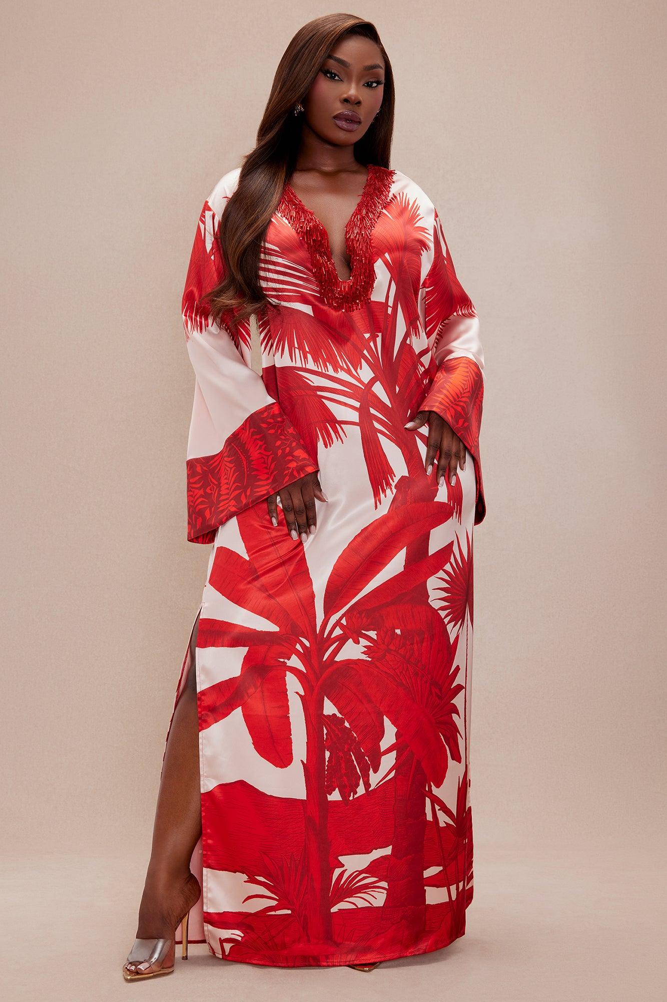 Selena Satin Kaftan Maxi Dress - Red/combo Product Image