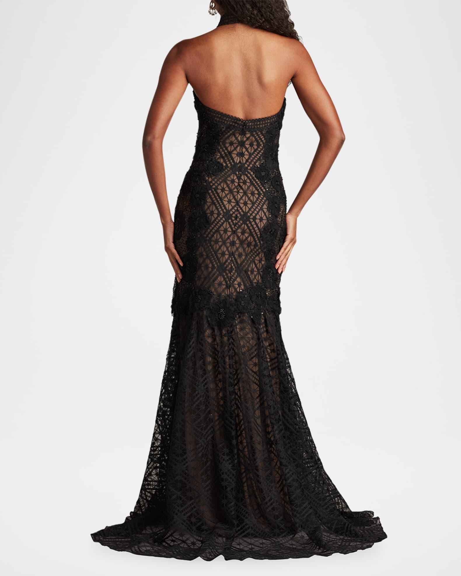 Beaded Floral Applique Lace Halter Gown Product Image