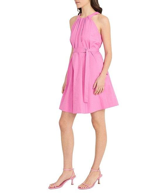 Donna Morgan Stretch Poplin Halter Neck Sleeveless Belted A-Line Mini Dress Product Image