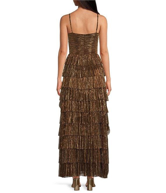 Gianni Bini Grace Metallic Plisse Sweetheart Neck Cut-Out Tiered Dress Product Image