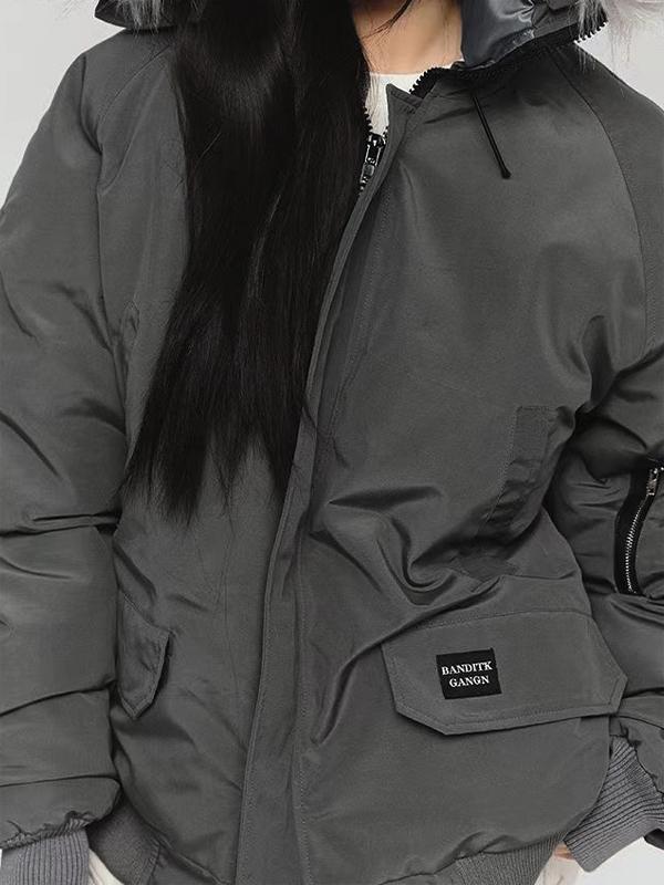 Vintage Fuzzy Collar Hooded Cargo Jacket Product Image