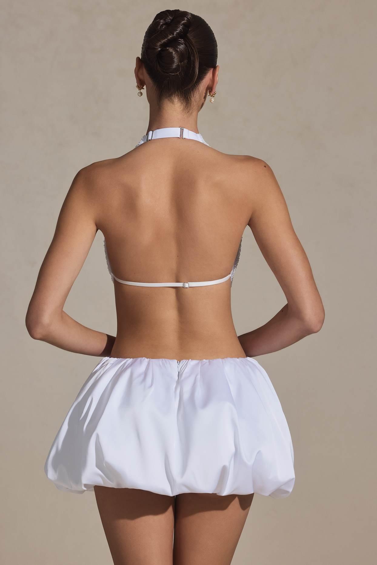 Embellished Cut-Out Bubble Hem Mini Dress in White Product Image