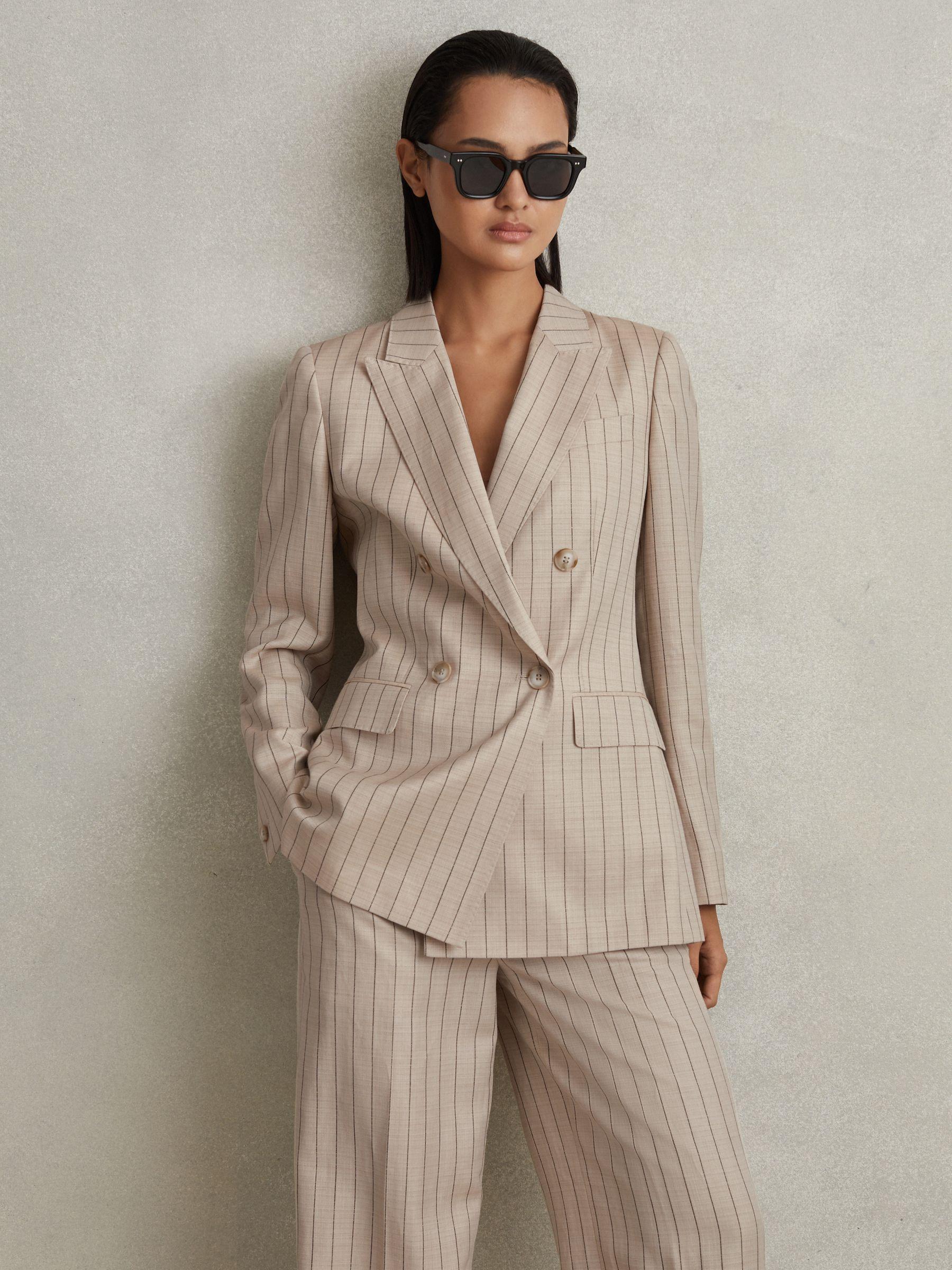 Wool Blend Striped Double Breasted Blazer in Neutral Product Image