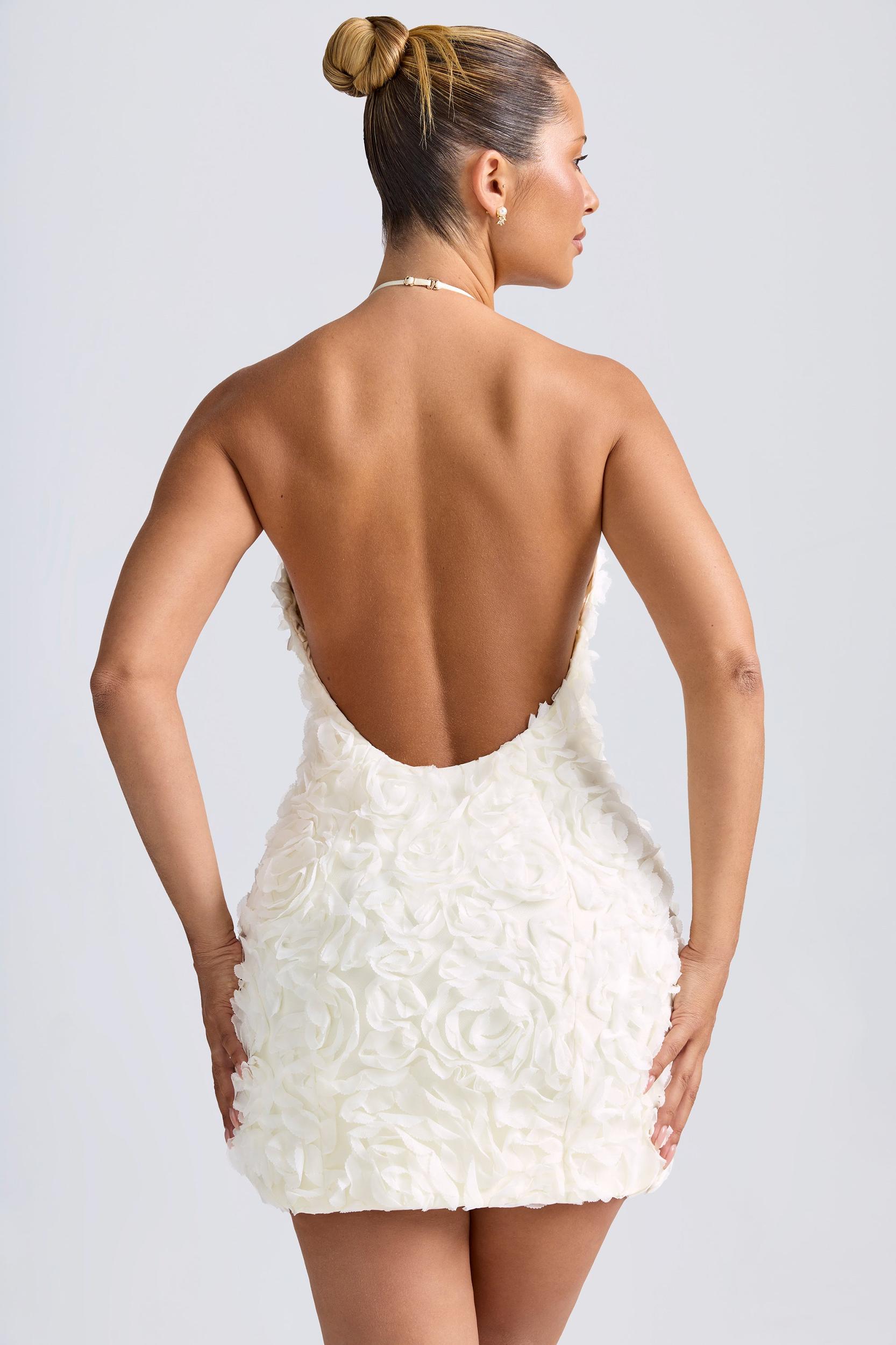 Floral-Appliqué Halterneck A-Line Mini Dress in White Product Image