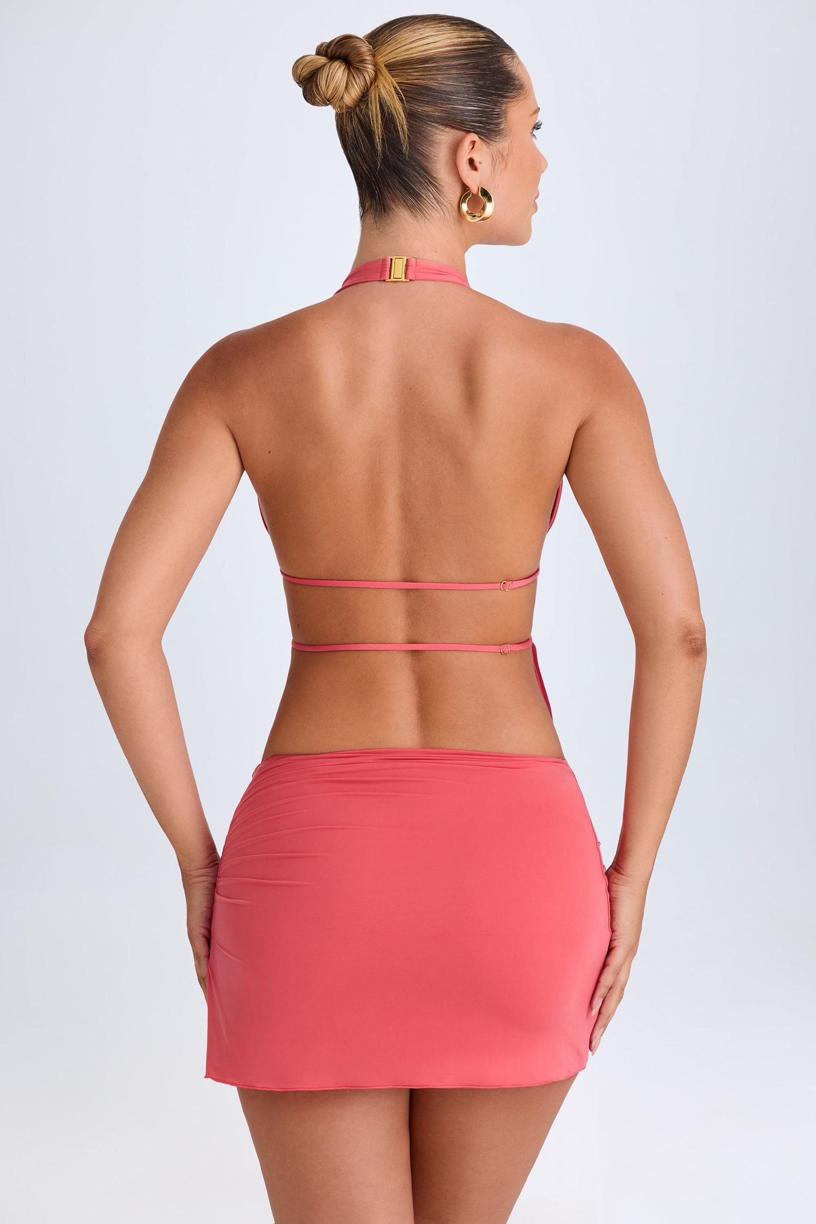 Cut-Out Ruched Halterneck Crop Top in Coral Product Image
