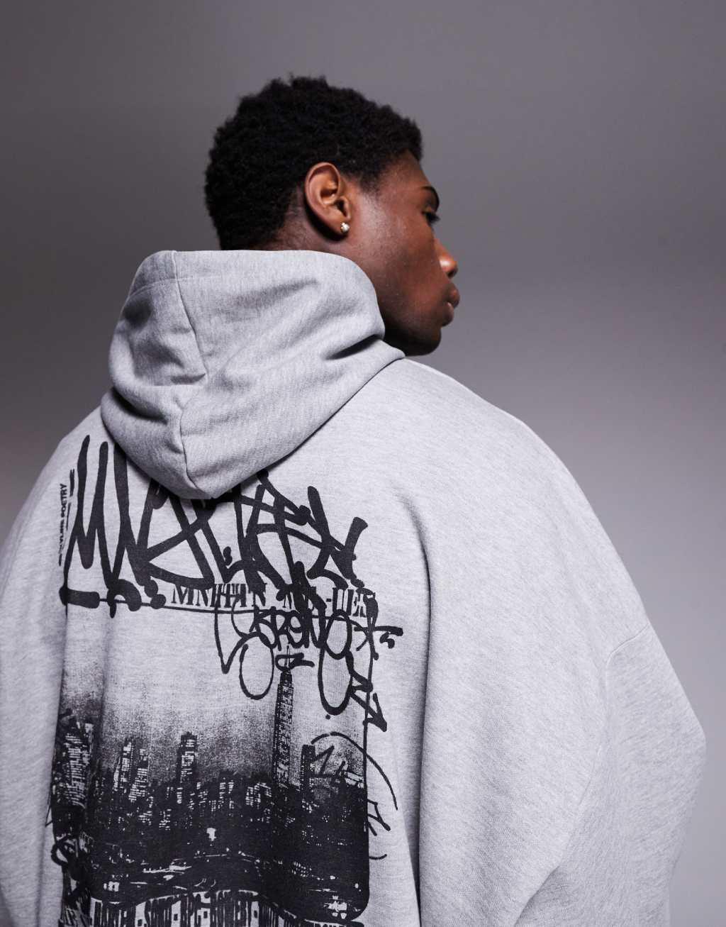 ASOS DESIGN extreme oversized hoodie with graffiti print in heather gray Product Image