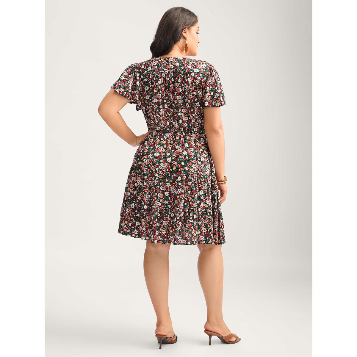 Plus Size Floral Print Waist-Tie Midi Dress Black Women Playful V-neck Cap Sleeve Curvy BloomChic 30/6X Product Image