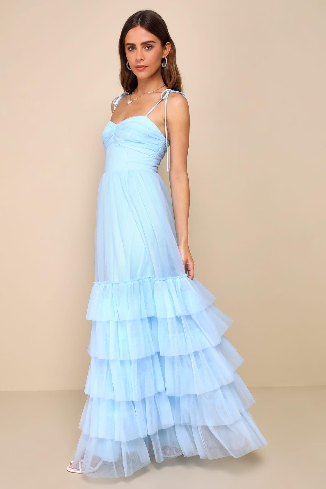 Endlessly Darling Light Blue Mesh Tiered Tie-Strap Maxi Dress Product Image