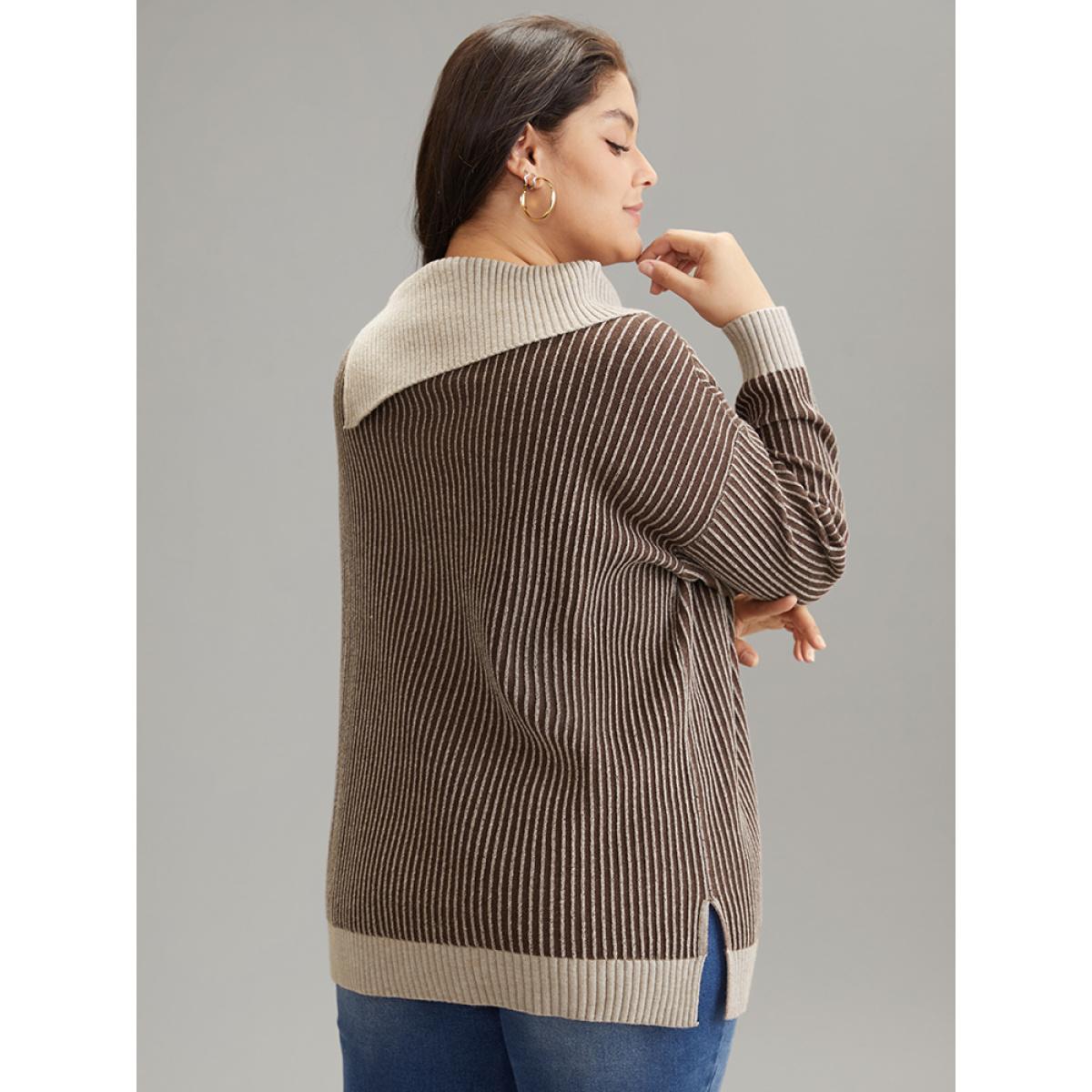 Plus Size Supersoft Essentials Striped Button Detail Pullover DarkBrown Women Casual Loose Long Sleeve Asymmetrical Neck Dailywear Pullovers BloomChic 12/L Product Image