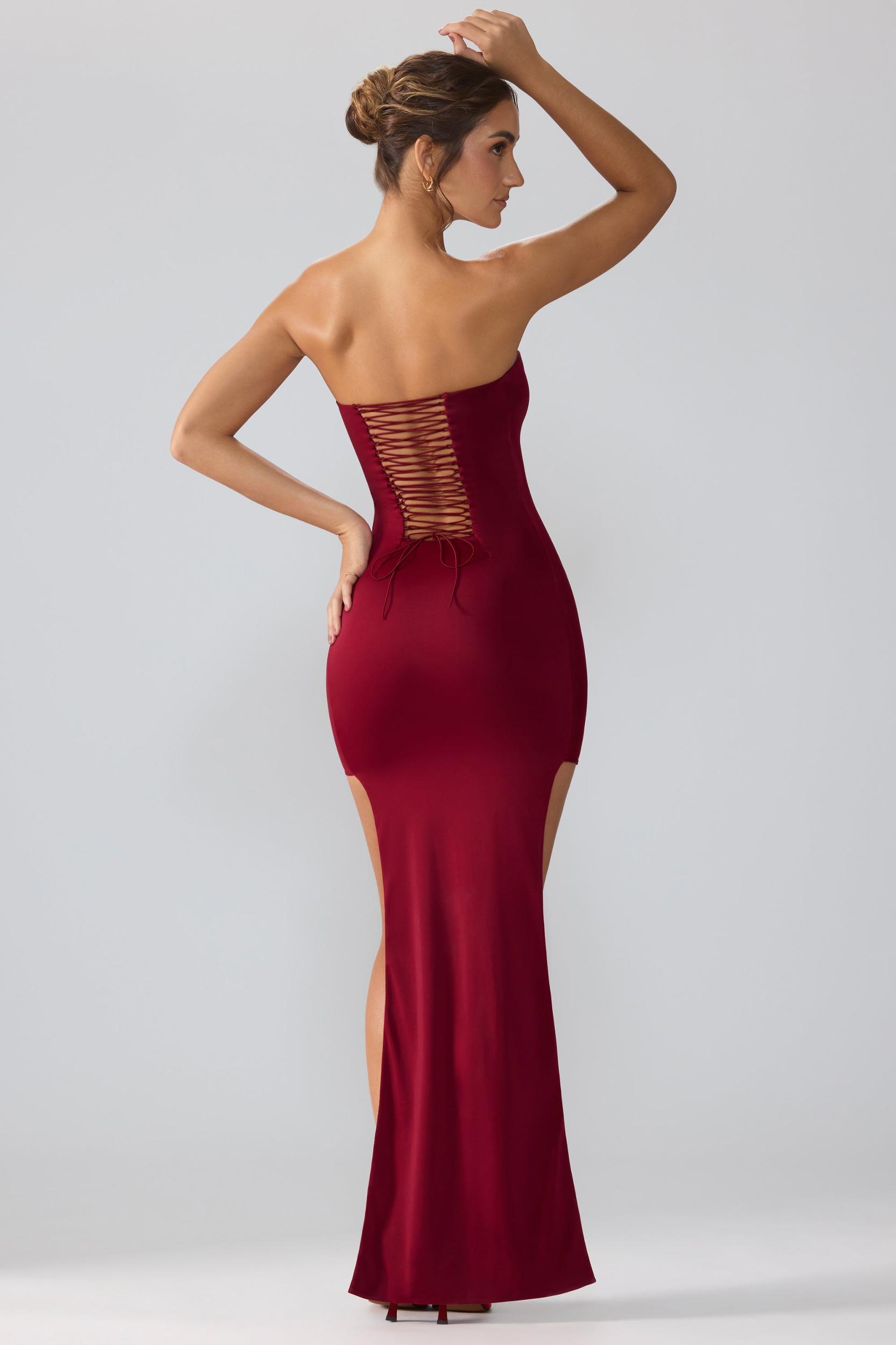 Premium Jersey Lace Up Back Mini Dress with Train in Ruby Product Image