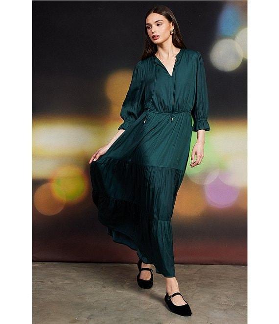 Skies Are Blue Split Tie Neck 3/4 Sleeve Tiered Ruffle Maxi Dress Product Image