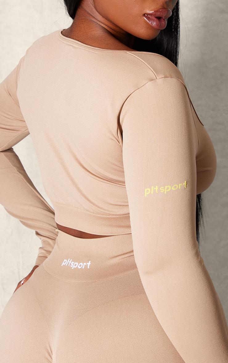 PLT SPORT Plus Light Mocha Seamless Contrast Branding Square Neck Top Product Image
