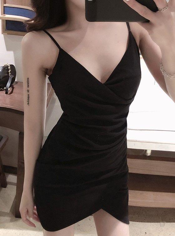 Spaghetti Strap V-Neck Draped Mini Bodycon Dress Product Image