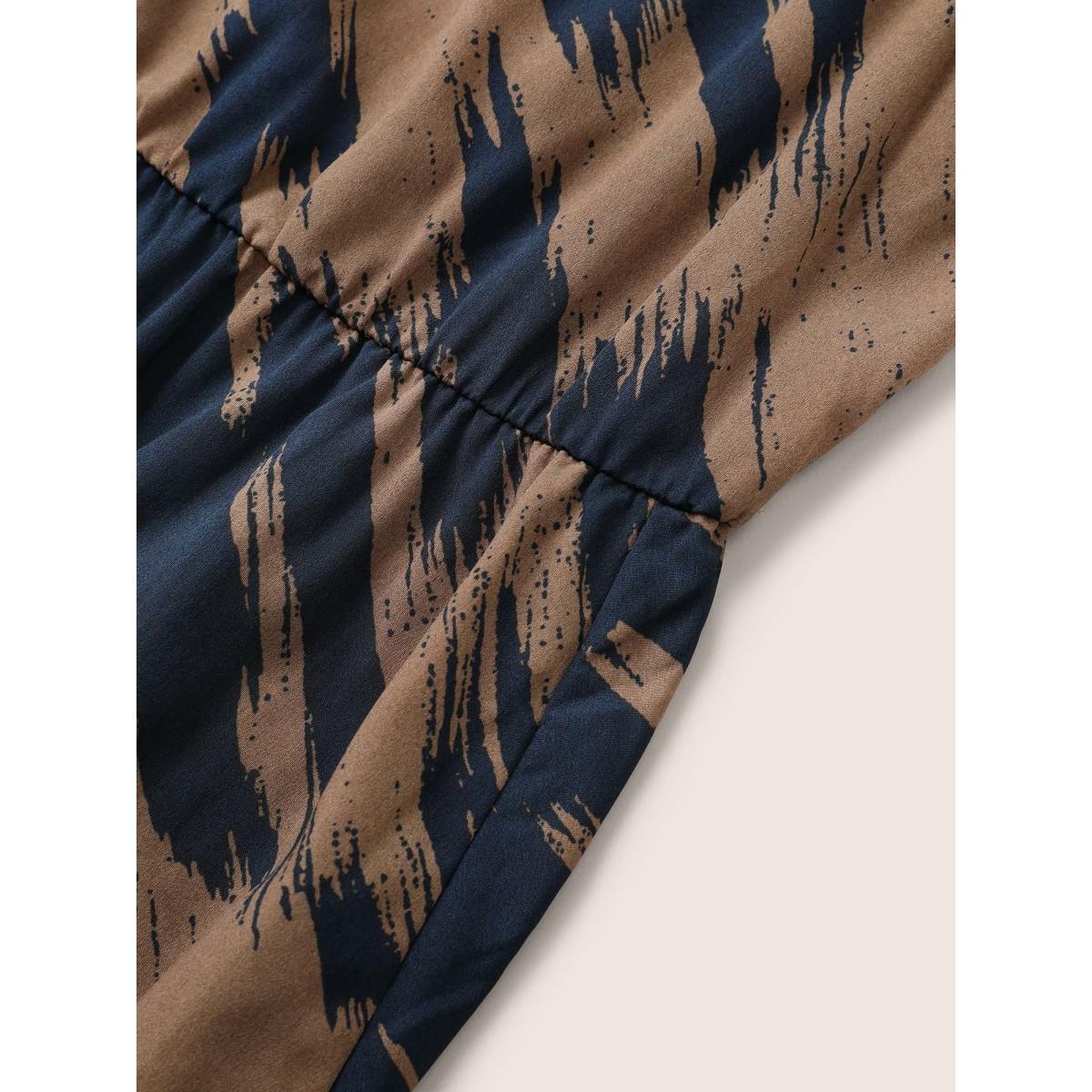 Plus Size Brush Print Keyhole Gathered Tank Dress Midnight Women At the Office Non Notched collar Sleeveless Curvy Midi Dress BloomChic 30/6X Product Image