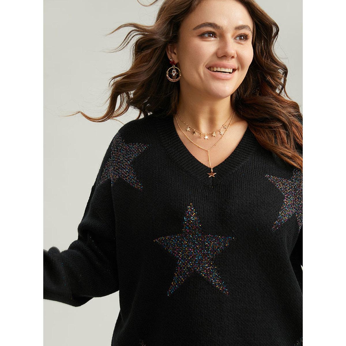 Plus Size V Neck Plain Star Luxe Pullover Black Women Casual Loose Long Sleeve V-neck Dailywear Pullovers BloomChic 12/L Product Image